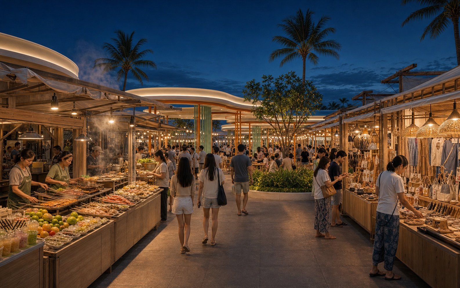 Indicative Tinung Night Market lane with Thai food vendors, local retail and visitors