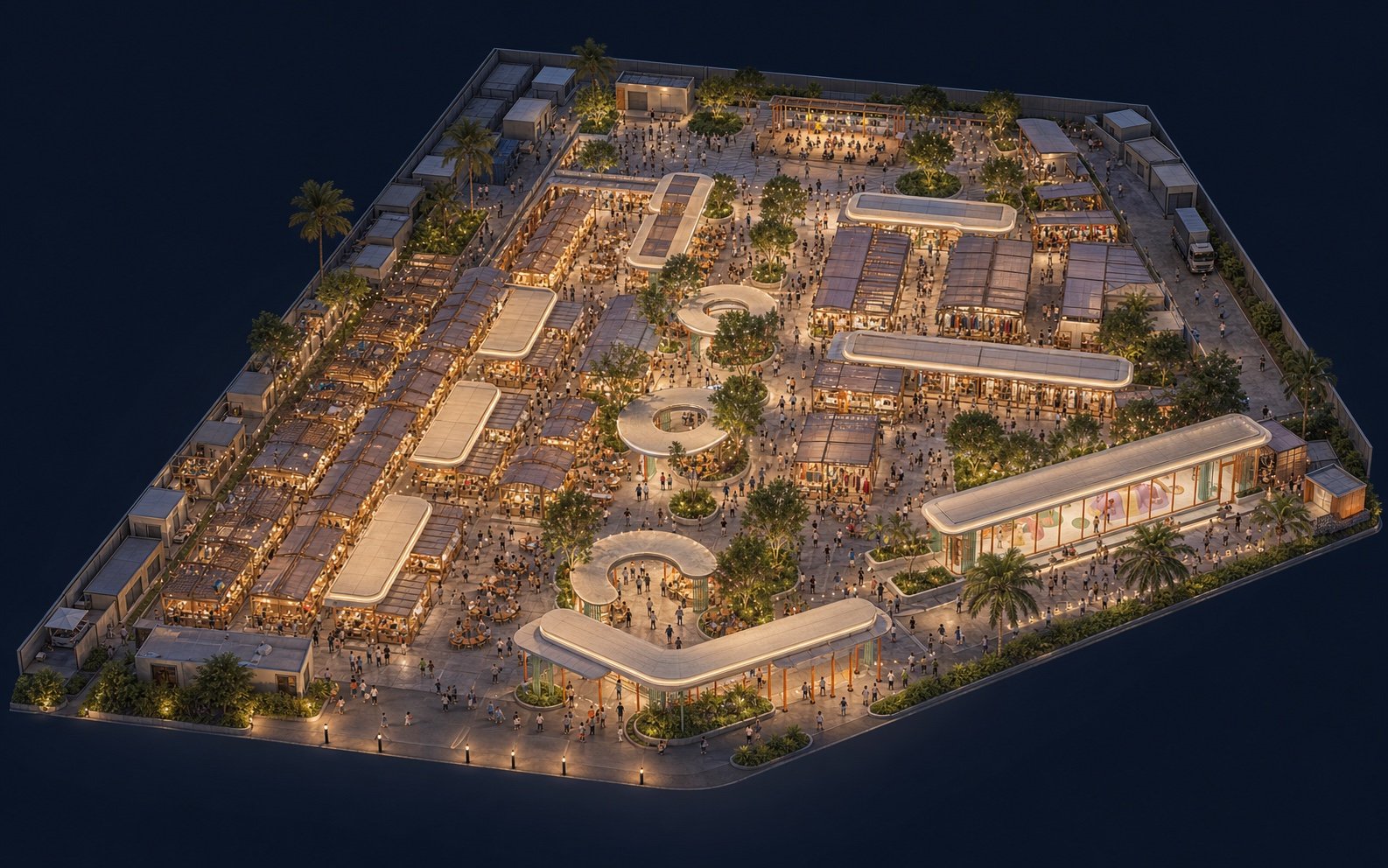 Indicative three-dimensional masterplan of Tinung Night Market with food, retail, dining, community and a small family-facility zone