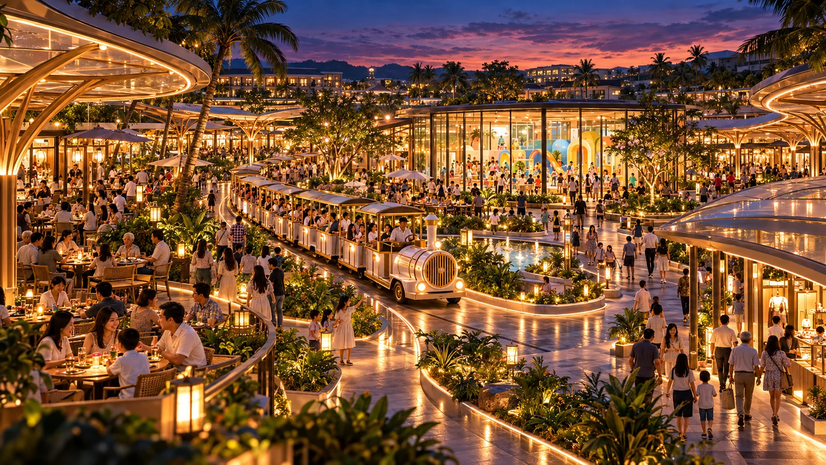 Photorealistic illustrative view of a family-oriented Tinung market at dusk, showing a small passenger train moving between sheltered food courts and the central glass-walled family activity pavilion.