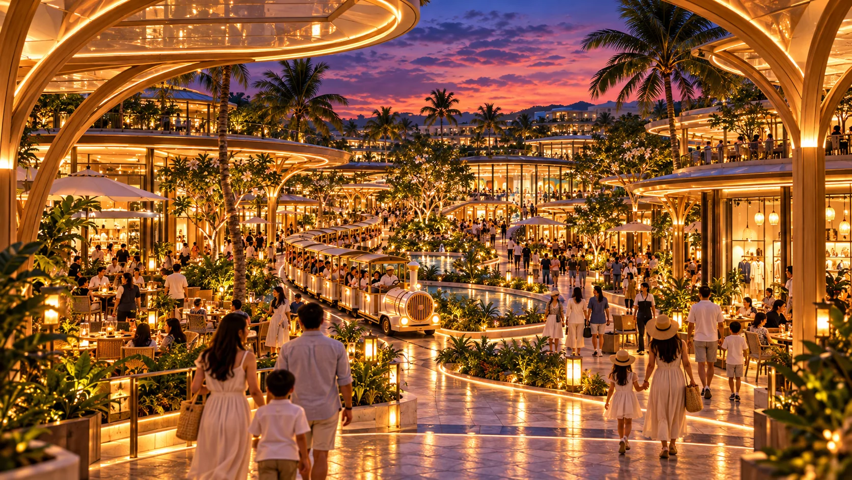 Illustrative Tinung scene: an evening with weather in mind. Curved covered promenades, warm lighting and landscaped areas intended to make visits more comfortable.