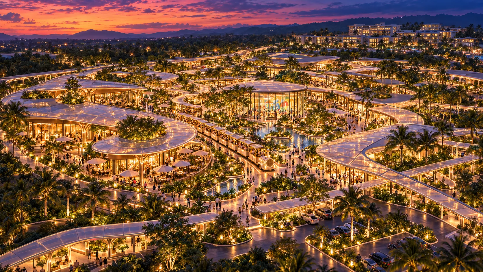 Illustrative Tinung scene: a destination imagined together. An aerial illustration of how food, movement, family amenities and possibly future hospitality might relate.