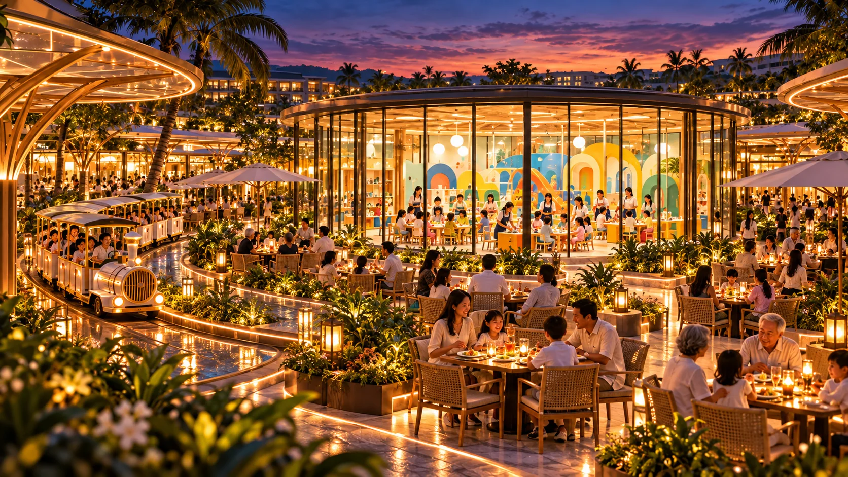 Indicative family dining surrounding the proposed central Little Ministry glass pavilion, with a passenger train passing along a separate planted route and carers visible nearby.
