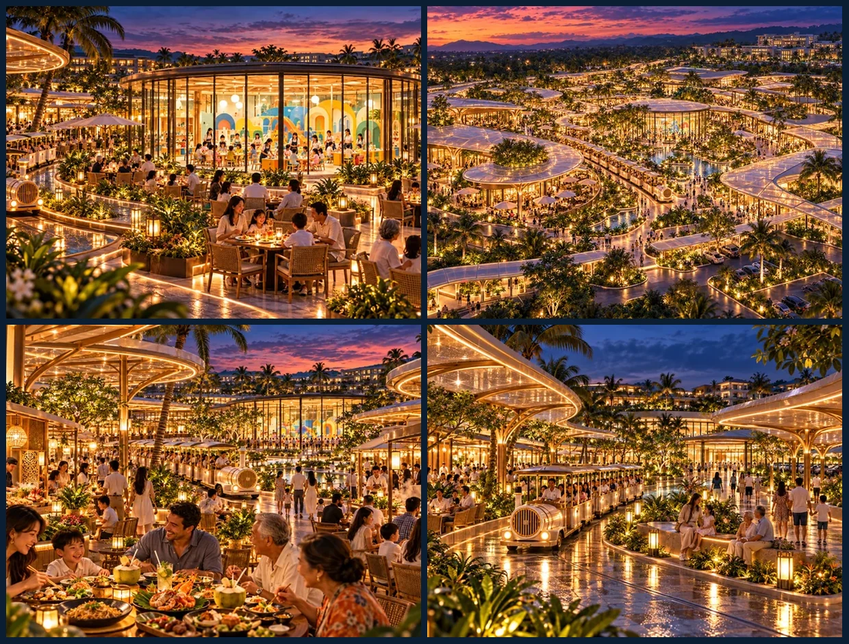 Four separate illustrative scenes: Tinung arrival, the central Little Ministry family area, international food and covered market promenades